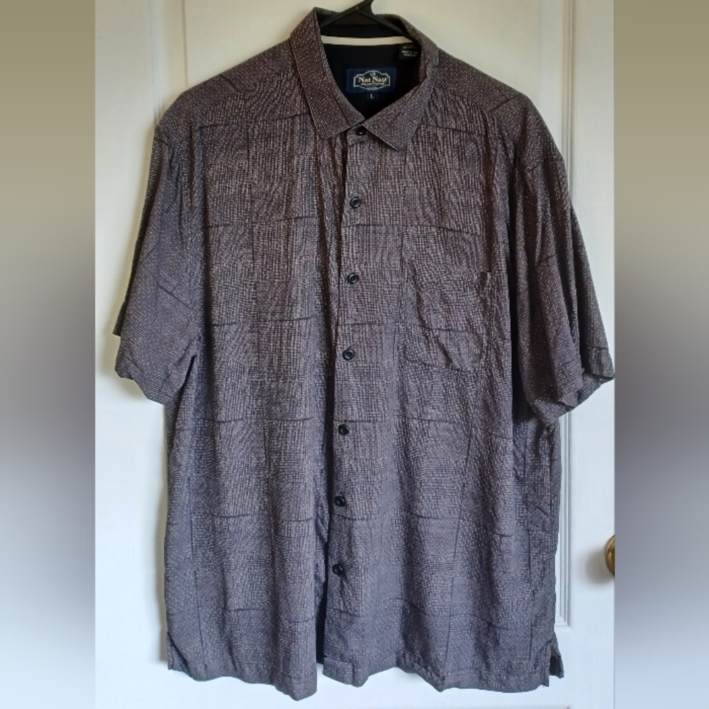 MEN'S LARGE NAT NAST BUTTON-UP SHIRT 70% SILK/30% COTTON BLACK/BEIGE PATTERN